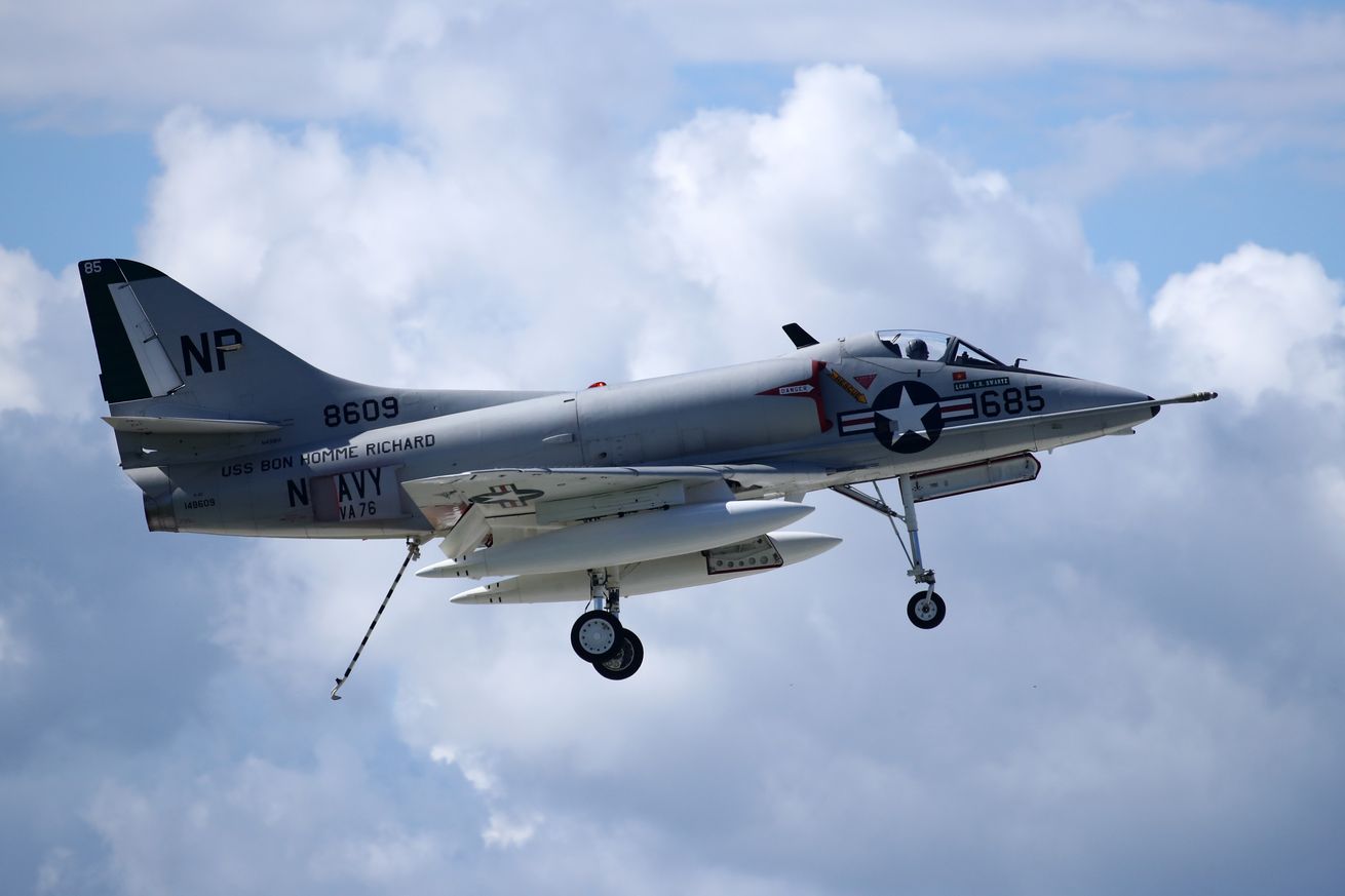 Pilot Paul Wood flies a A-4 Skyhawk plane during the Northern Illinois Airshow, formerly known as Wings Over Waukegan/Waukegan Air Show, in Waukegan city, Illinois on September 10, 2016.