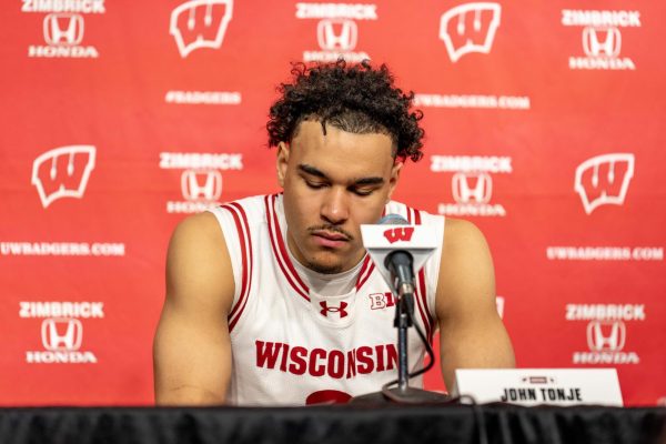 John Tonje at the press conference after a loss to Penn State. March 8, 2025. 