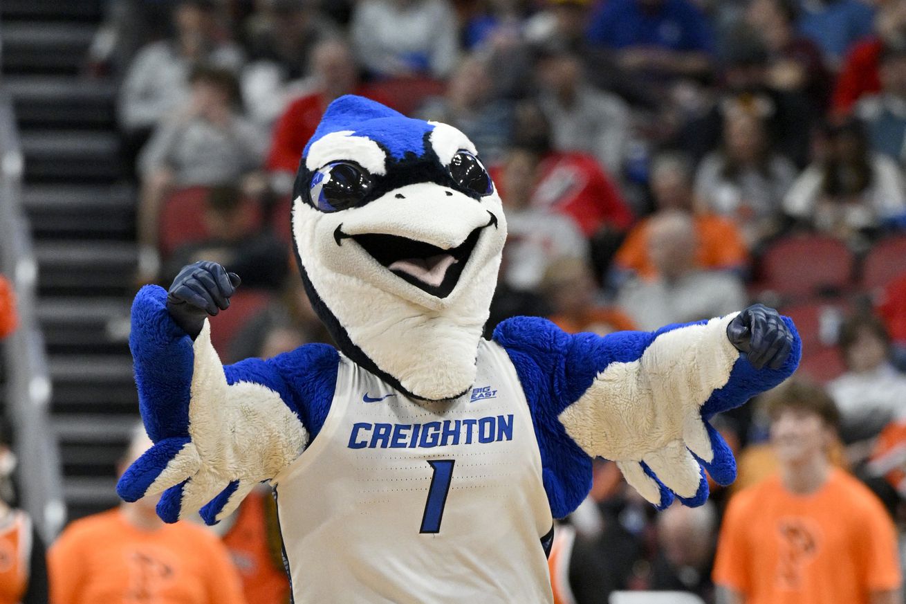 The mascot for the Creighton Bluejays during the first half of the NCAA tournament round of sixteen against the Princeton Tigers at KFC YUM! Center.