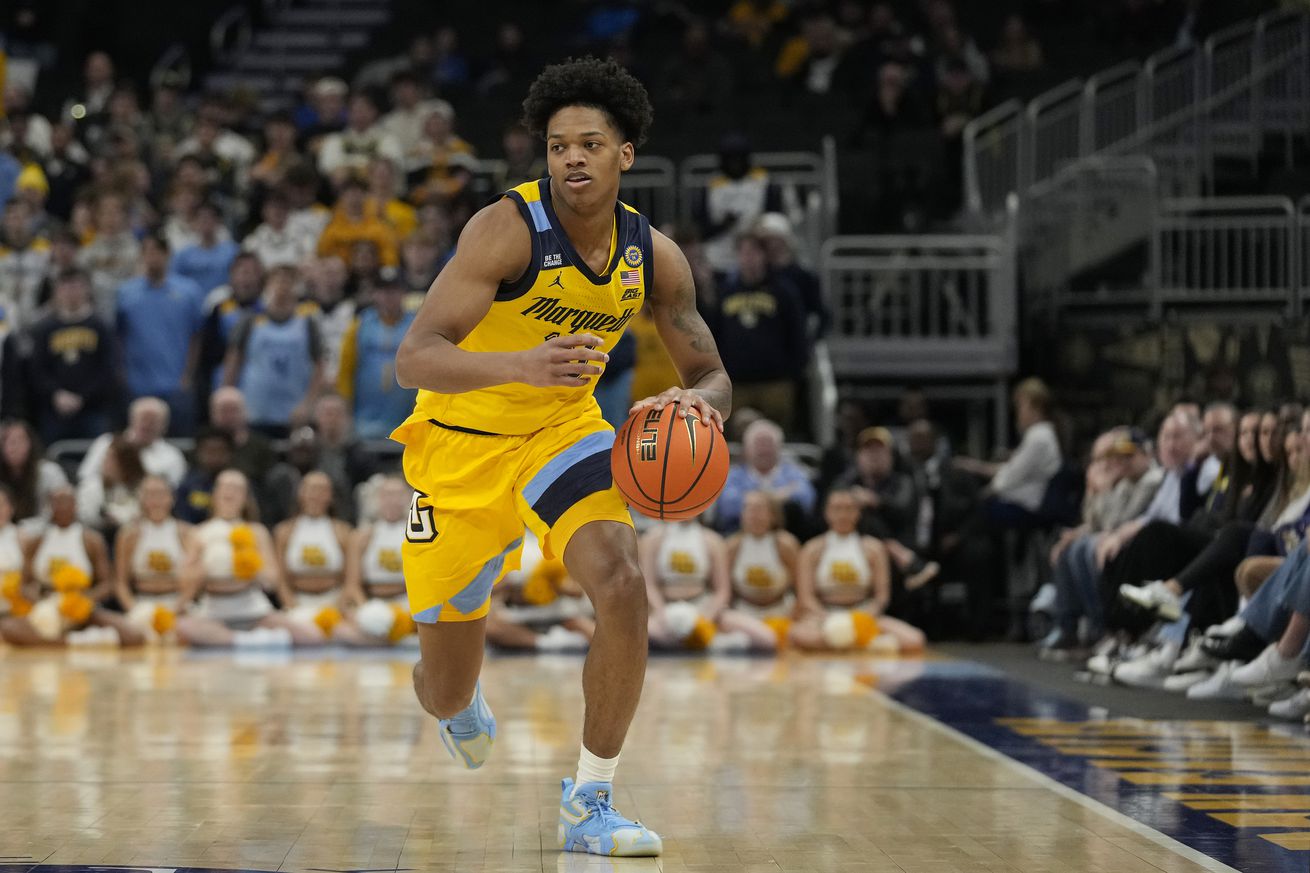 Damarius Owens #10 of the Marquette Golden Eagles dribbles the ball against the Seton Hall Pirates during the first half at Fiserv Forum on February 18, 2025 in Milwaukee, Wisconsin.