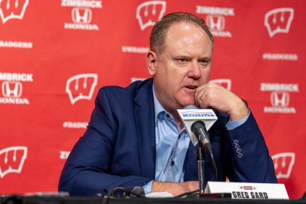 Greg Gard speaks at the press conference after a loss to Penn State. March 8, 2025. 
