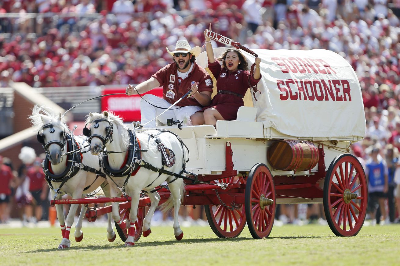 The Sooner Schooner makes its way around the field after an Oklahoma Sooners touchdown against the Tulane Green Wave at Gaylord Family Oklahoma Memorial Stadium on September 14, 2024 in Norman, Oklahoma. Oklahoma won 34-19.
