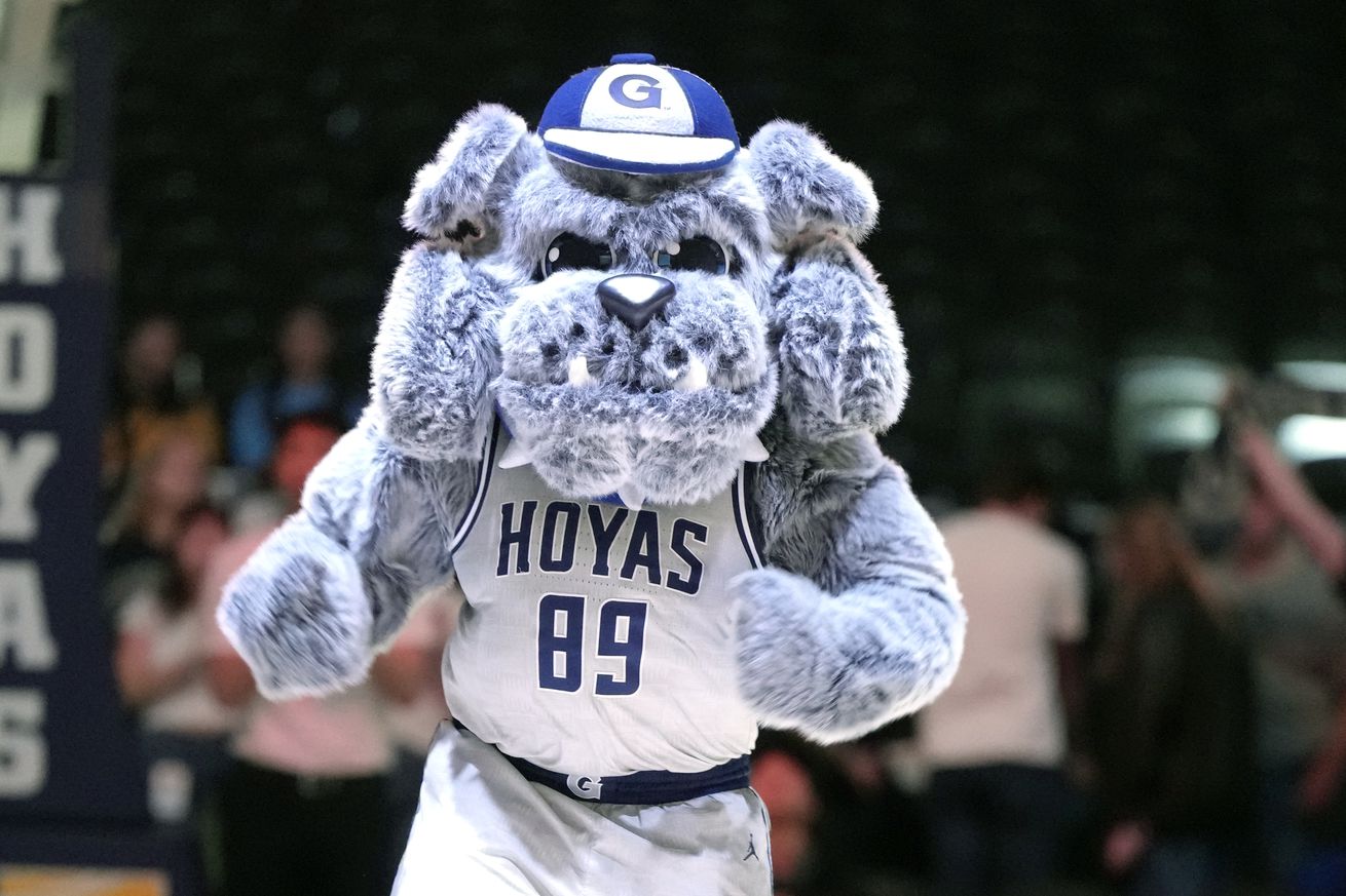 The Georgetown Hoyas mascot on the floor before a college basketball game against the Georgetown Hoyas at Capital One Arena on January 28, 2025 in Washington, DC.