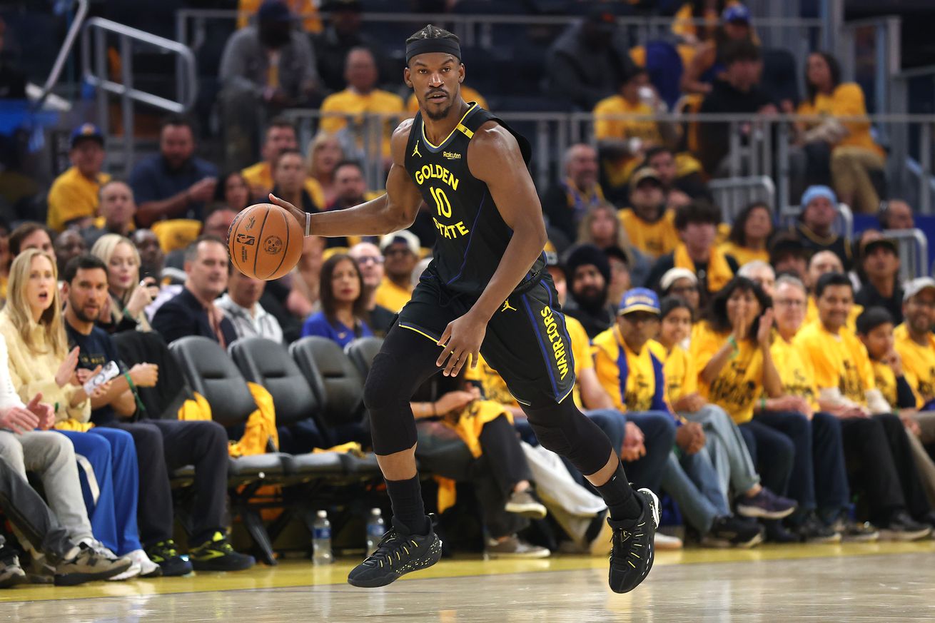 Jimmy Butler III #10 of the Golden State Warriors dribbles against the Houston Rockets during the second quarter in Game Six of the Western Conference First Round NBA Playoffs at Chase Center on May 02, 2025 in San Francisco, California.