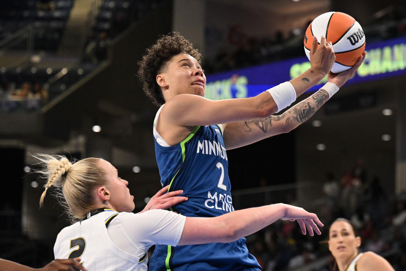 Natisha Hiedeman #2 of the Minnesota Lynx shoots the ball over Hailey Van Lith #2 of the Chicago Sky during the second half of a preseason game at Wintrust Arena on May 06, 2025 in Chicago, Illinois.