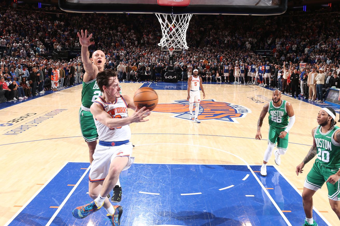 Tyler Kolek #13 of the New York Knicks looks to pass the ball during the game against the Boston Celtics during Round 2 Game 6 of the 2025 NBA Playoffs on May 16, 2025 at Madison Square Garden in New York City, New York.