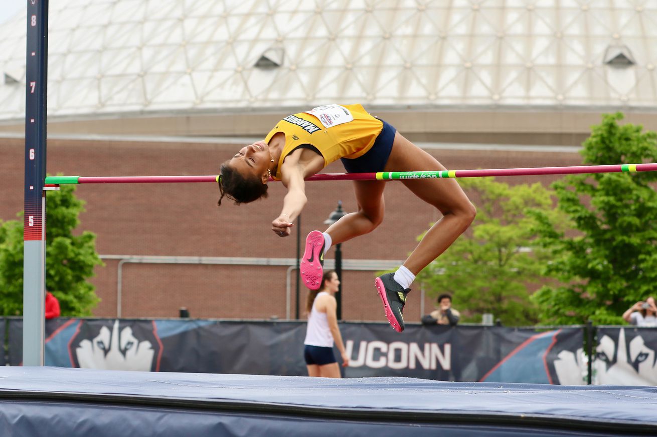Marquette’s Annika Bynum jumping at the 2025 Big East Outdoor Track & Field Championships