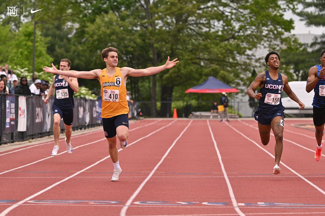 Marquette’s Danny Olsen, winning the 400m at the 2025 Big East Outdoor Track & Field Championships