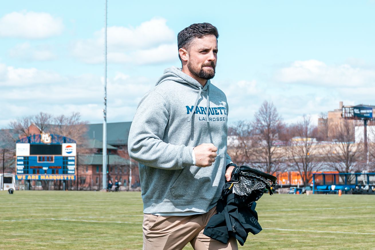 Marquette men’s lacrosse head coach Jake Richard at a game in 2025.