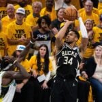Apr 29, 2025; Indianapolis, Indiana, USA; Milwaukee Bucks forward Giannis Antetokounmpo (34) shoots the ball while Indiana Pacers forward Pascal Siakam (43) defends during game five of the first round for the 2024 NBA Playoffs at Gainbridge Fieldhouse. Mandatory Credit: Trevor Ruszkowski-Imagn Images