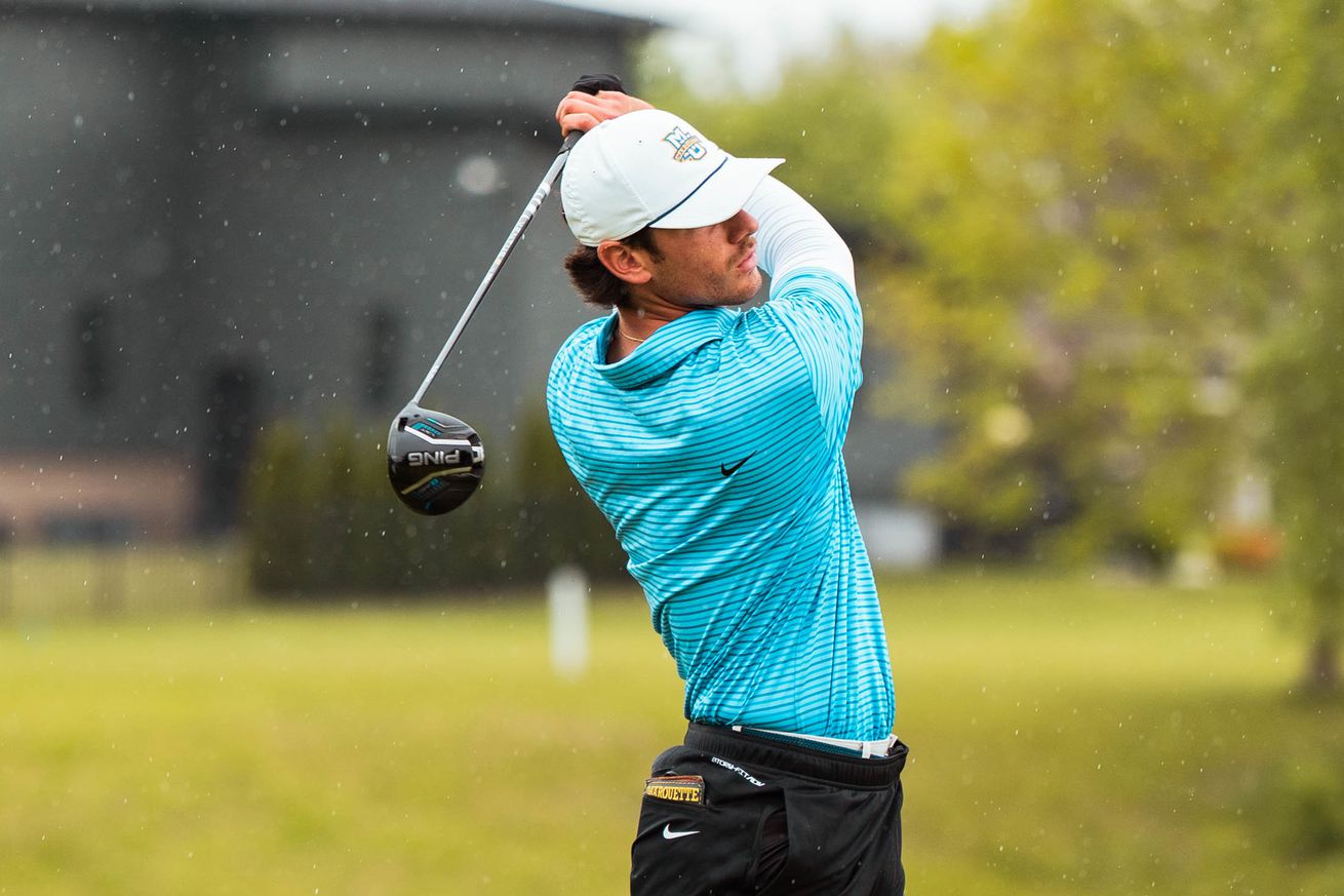 Marquette’s Vincent Cervantes hitting a tee shot at the 2025 NCAA Urbana Regional.