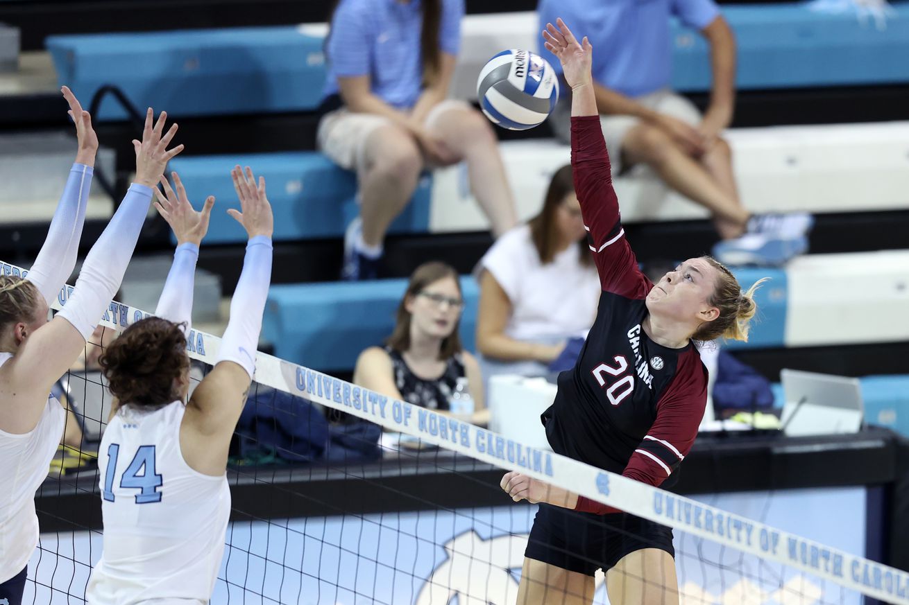 Riley Whitesides #20 of the University of South Carolina strikes the ball during a game between South Carolina and North Carolina at Carmichael Arena on September 2, 2022 in Chapel Hill, North Carolina.