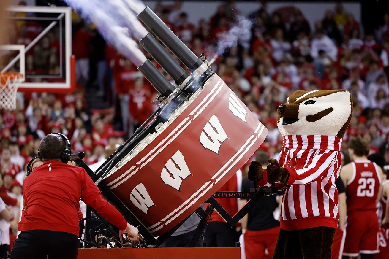 Bucky Badger entertaining the crowd shooting t-shirts into the stands during the game against the Nebraska Cornhuskers at Kohl Center on January 26, 2025 in Madison, Wisconsin.