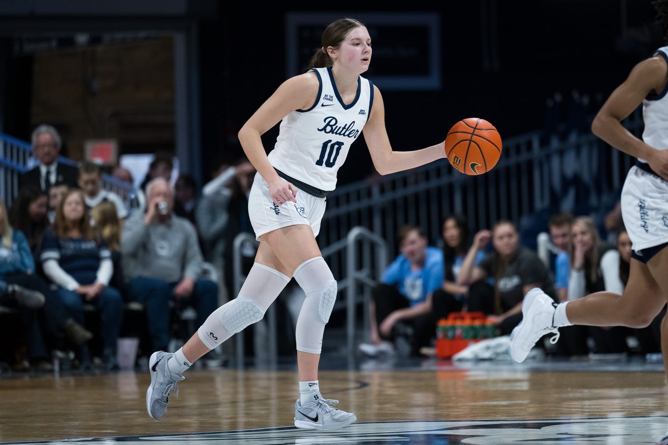 Butler Bulldogs guard Lily Zeinstra (10) brings the ball up the court during the women’s college basketball game between the Butler Bulldogs and UConn Huskies on February 22, 2025, at Hinkle Fieldhouse in Indianapolis, IN.