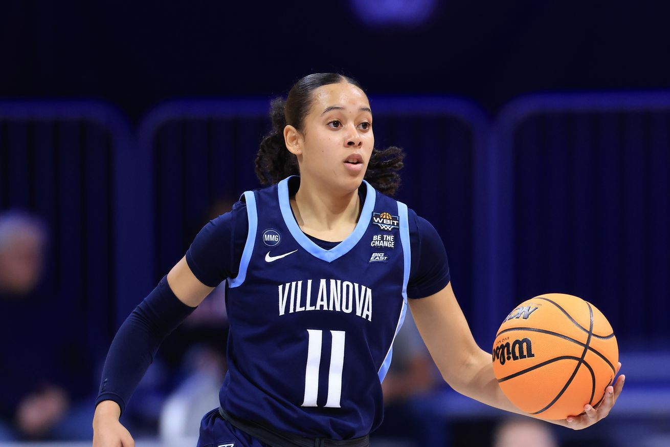 Jasmine Bascoe #11 of the Villanova Wildcats brings the ball up the court during the second half against the Belmont Bruins during the Semifinals of the Women’s Basketball National Invitation Tournament at Hinkle Fieldhouse on March 31, 2025 in Indianapolis, Indiana.