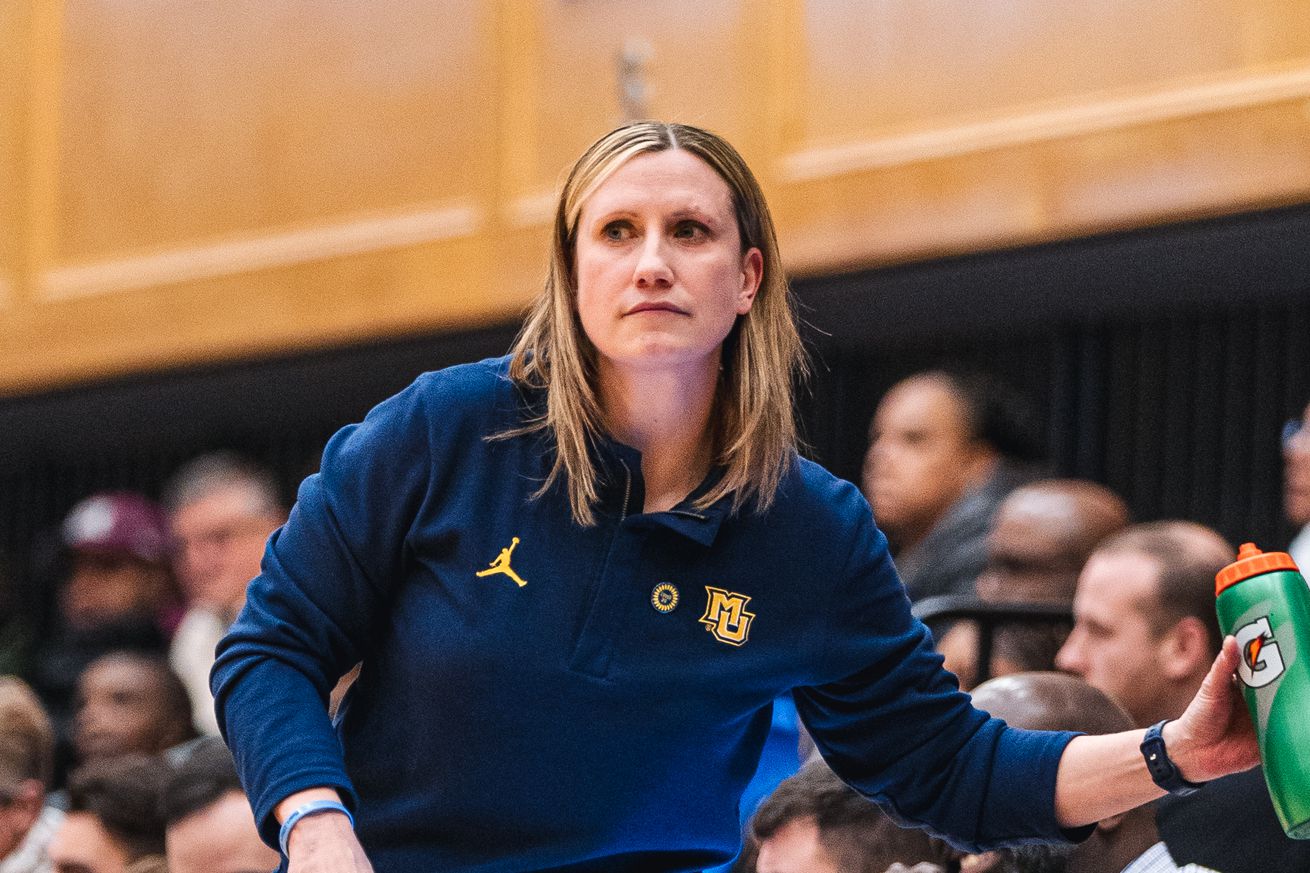 Marquette women’s basketball head coach Cara Consuegra on the sideline in a game at Seton Hall in the 2024-25 season.