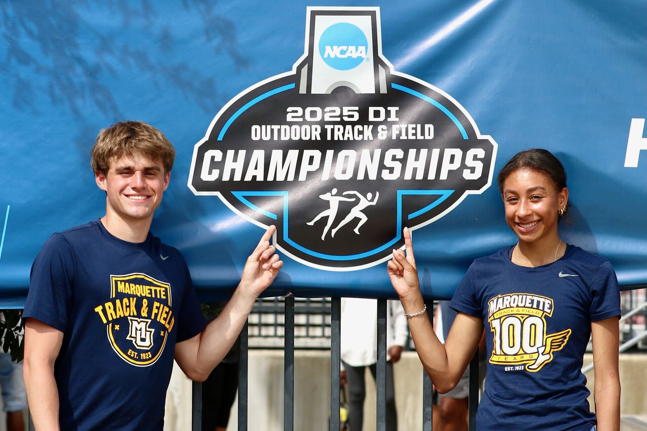 Marquette’s Danny Olsen & Annika Bynum posing with a sign at the 2025 NCAA Outdoor Track & Field Championships First Round in College Station, Texas.
