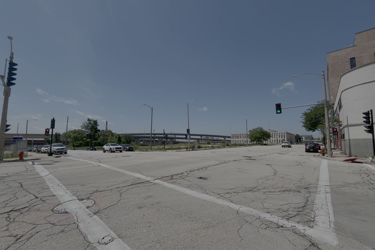 The view facing southwest from the northeast corner of the intersection of North James Lovell Street and West Michigan Street in Milwaukee, Wisconsin, on June 21, 2025.