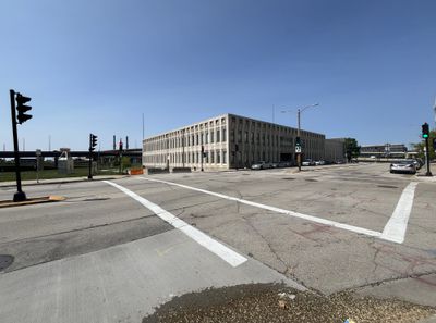 The view facing southwest from the northeast corner of the intersection of North 8th Street and West Michigan Street in Milwaukee, Wisconsin, on May 31, 2025.