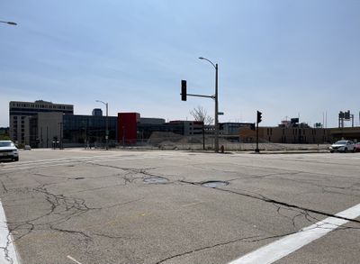 The view facing southeast from the northwest corner of the intersection of North James Lovell Street and West Michigan Street in Milwaukee, Wisconsin, on May 31, 2025.