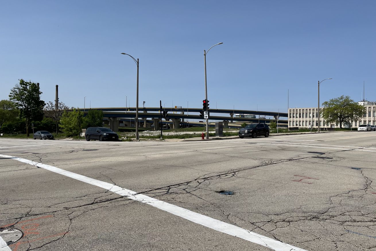 The view facing southwest from the northeast corner of the intersection of North James Lovell Street and West Michigan Street in Milwaukee, Wisconsin, on May 31, 2025.