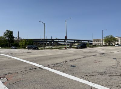 The view facing southwest from the northeast corner of the intersection of North James Lovell Street and West Michigan Street in Milwaukee, Wisconsin, on May 31, 2025.