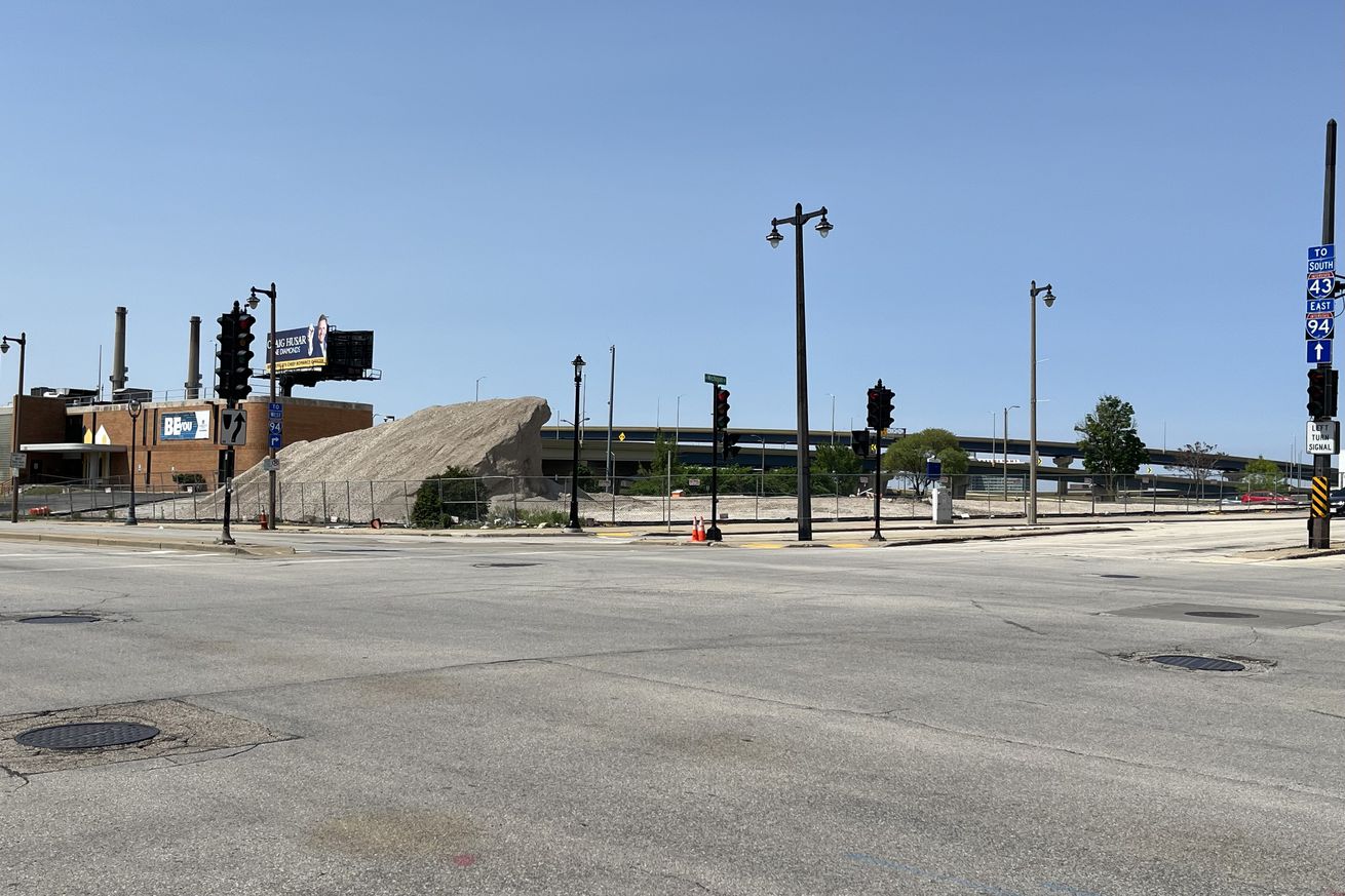The view facing southwest from the northeast corner of the intersection of North 6th Street and West Michigan Street in Milwaukee, Wisconsin, on May 31, 2025