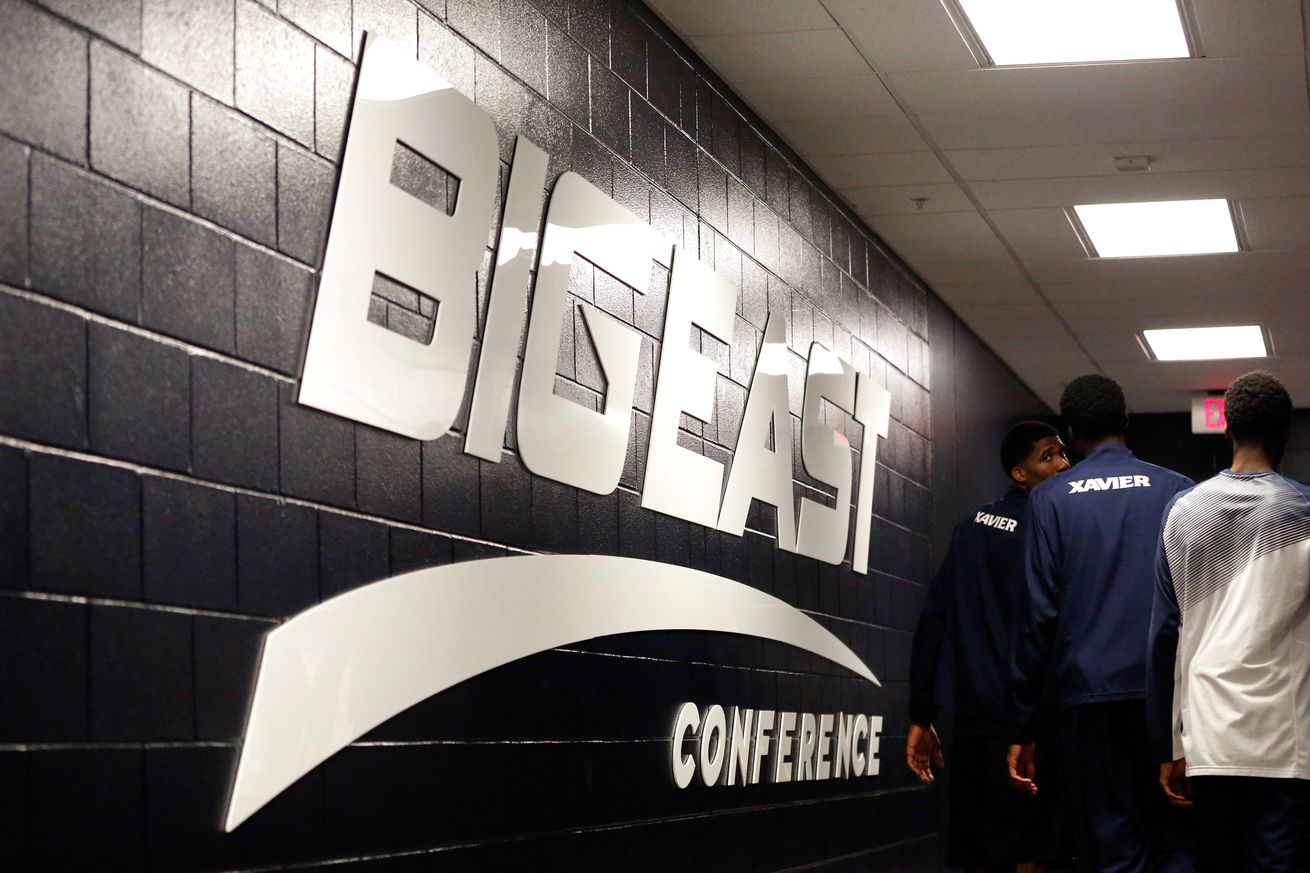 A general view of the Big East logo on the wall as the Xavier Musketeers take the court prior to the game against the Georgetown Hoyas at Cintas Center.