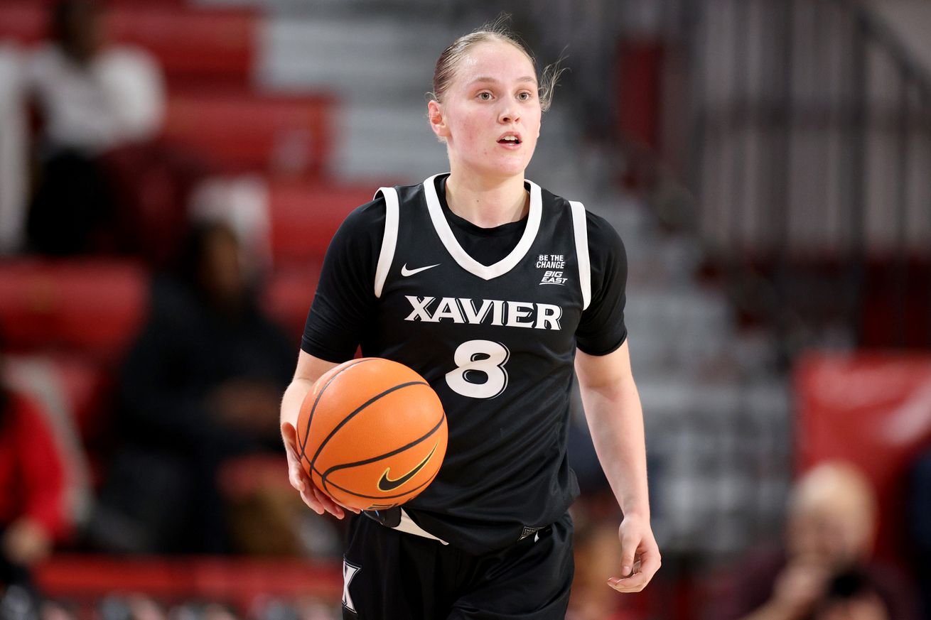 Meri Kanerva #8 of the Xavier Musketeers in action against the St. John’s Red Storm during the first half at Carnesecca Arena on February 02, 2025 in New York City.