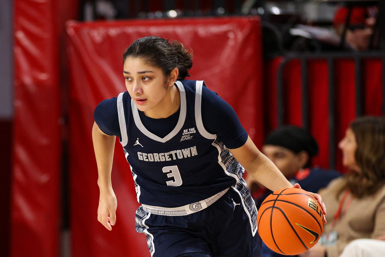 Victoria Rivera #3 of the Georgetown Hoyas handles the ball against the St. John’s Red Storm during the first half at Carnesecca Arena on February 26, 2025 in New York City.