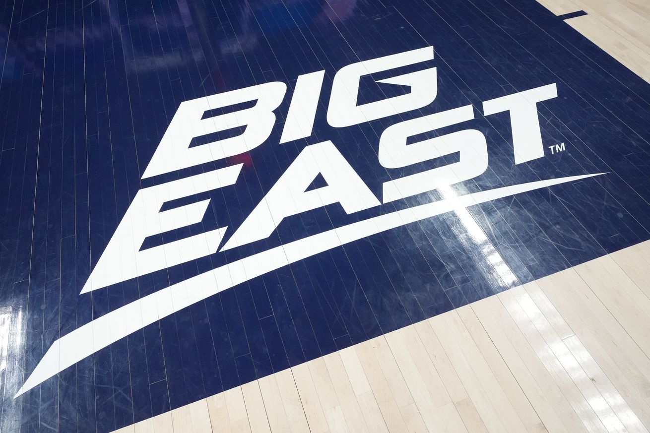 The Big East logo shown on the floor before a college basketball game between the Connecticut Huskies and the Marquette Golden Eagles at Harry A. Gampel Pavilion on March 05, 2025 in Storrs, Connecticut.