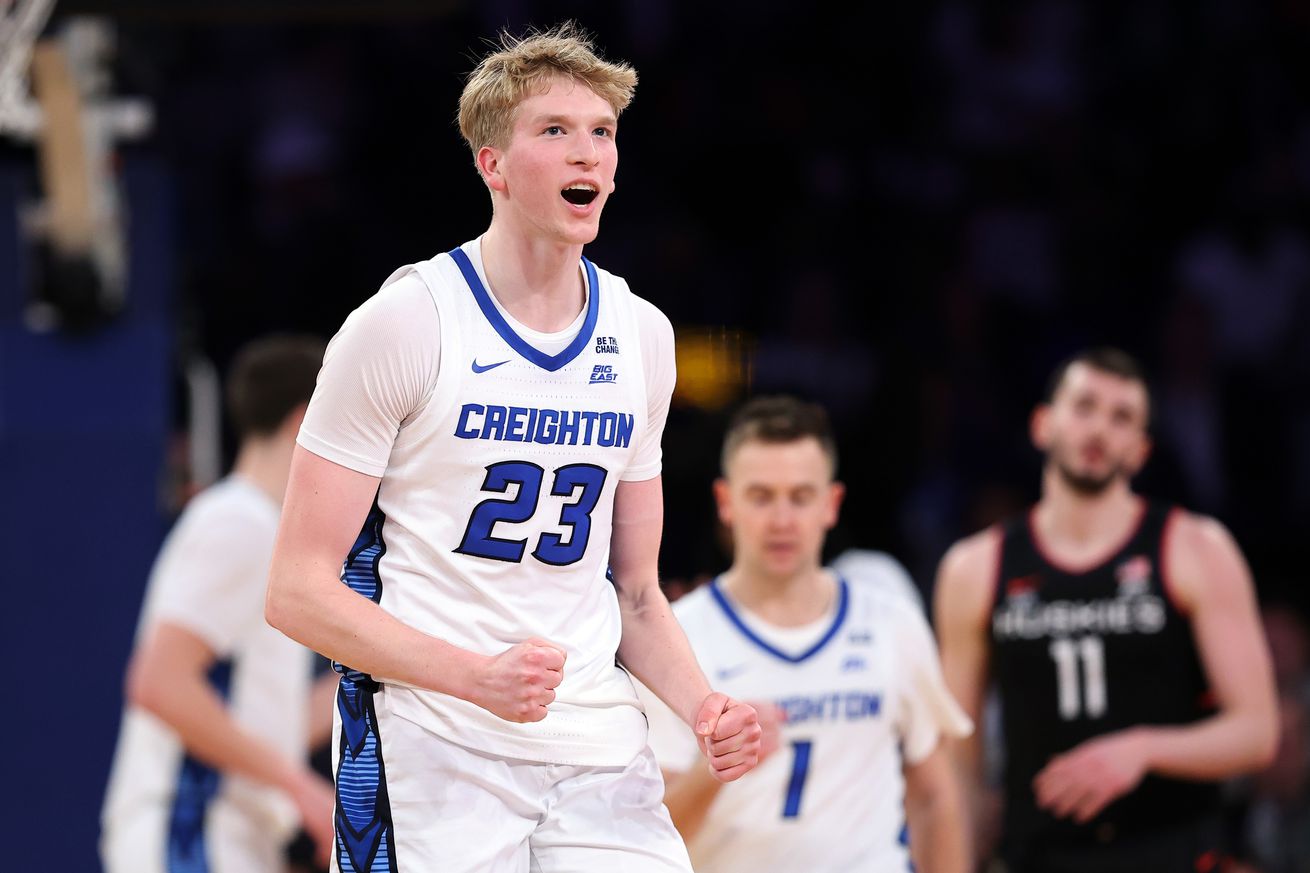 Jackson McAndrew #23 of the Creighton Bluejays reacts in the second half of a semifinal game against the Connecticut Huskies during the Big East Men’s Basketball Tournament at Madison Square Garden on March 14, 2025 in New York City.