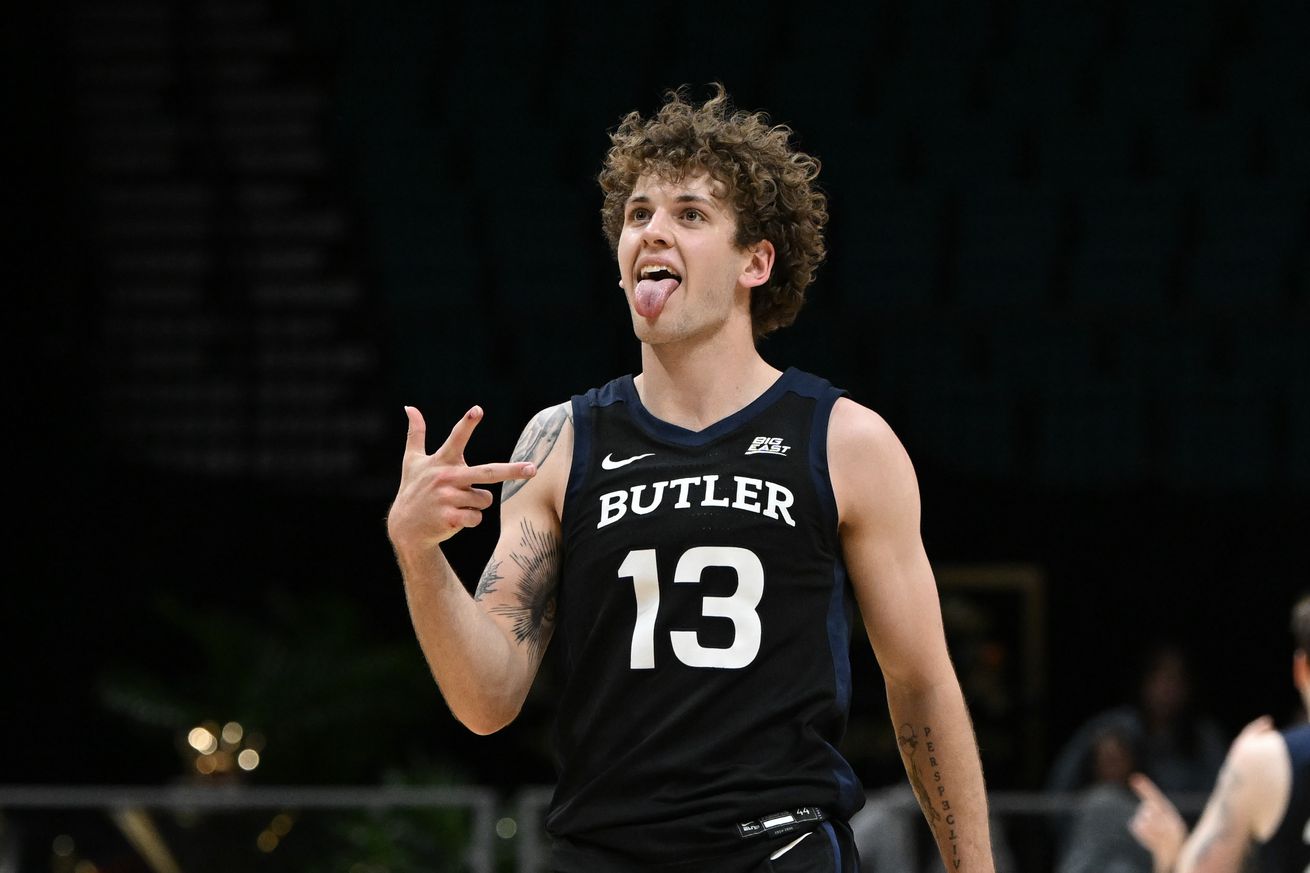 Finley Bizjack #13 of the Butler Bulldogs celebrates scoring a three-point shot against the Boise State Broncos in the second half in a quarterfinal game of the College Basketball Crown tournament at MGM Grand Garden Arena on April 02, 2025 in Las Vegas, Nevada. The Broncos defeated the Bulldogs 100-93.