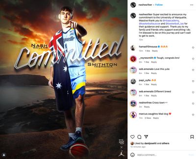 a screen grab from Instagram: Nash Walker announces his commitment to Marquette University men’s basketball. The caption reads: Super excited to announce my commitment to the University of Marquette. Massive thank you to @nbaacademy, @basketballauscoe and @basketball_tas for their guidance and support. Thank you to my family and friends who support everything I do. I’m blessed to be on this journey and can’t wait to get to work.