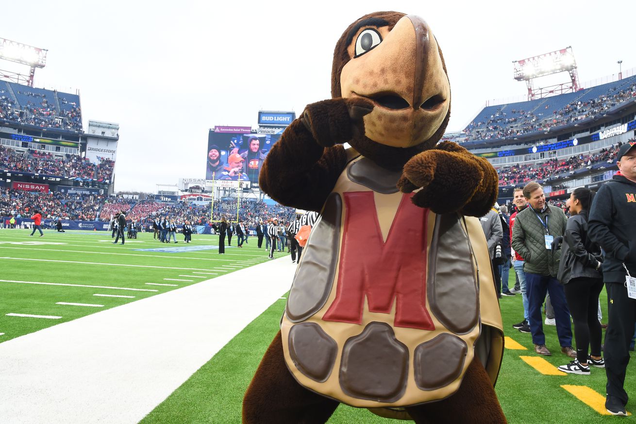 The Maryland Terrapins mascot Testudo dances before the game against the Auburn Tigers at Nissan Stadium. 