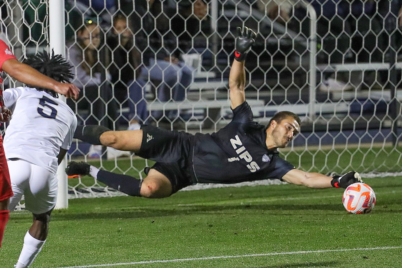 University of Akron goalie Mitch Budler makes a diving save on a shot by Ohio State’s Deylen Vellios on Tuesday, Sept. 13, 2022 in Akron, Ohio, at FirstEnergy Stadium