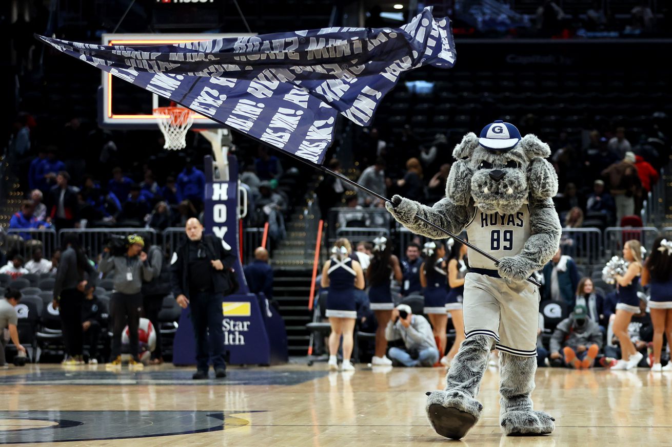 The Georgetown Hoyas mascot celebrates after a game against the Butler Bulldogs at Capital One Arena on January 31, 2025.