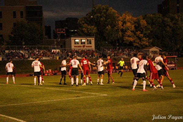 Wisconsin men's soccer team lines up for a free kick against Maryland. September 12, 2025.