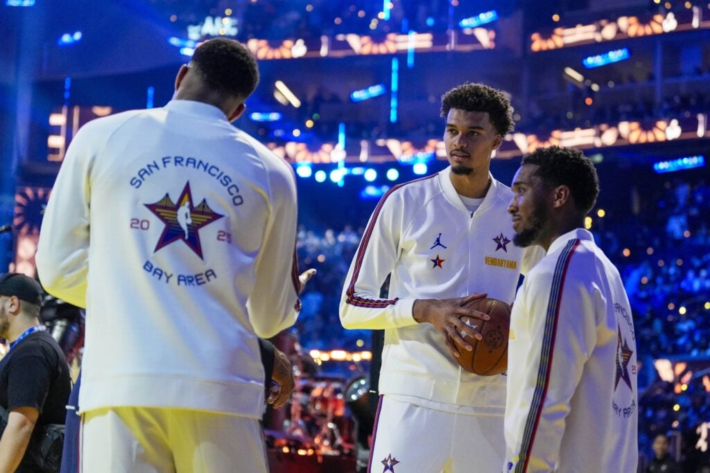 February 16, 2025; San Francisco, CA, USA; Chuck’s Global Stars forward Giannis Antetokounmpo (34, left) of the Milwaukee Bucks, Chuck’s Global Stars forward Victor Wembanyama (1, center) of the San Antonio Spurs, and Chuck’s Global Stars guard Donovan Mitchell (45, right) of the Cleveland Cavaliers talk before the 2025 NBA All Star Game at Chase Center. Mandatory Credit: Kyle Terada-Imagn Images