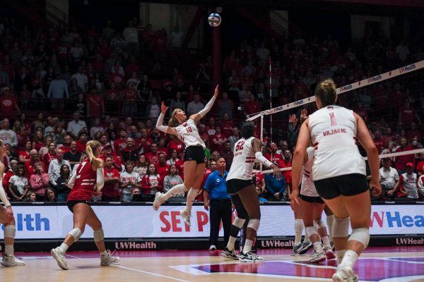 Madison Quest hits a spike in the volleyball game against Rutgers, September 25, 2025.