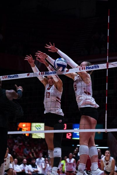In the game against Rutgers, two Wisconsin volleyball players block the ball, September 25, 2025.