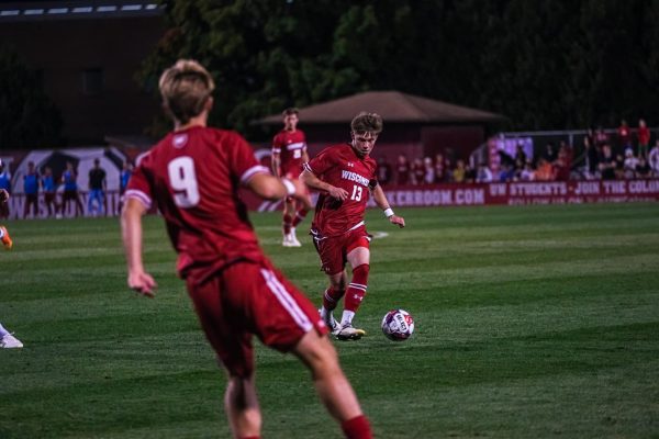 Wisconsin Mens soccer player, Arien Vanmol, passes the ball to his teammate during the game against Maryland. September 12, 2025.