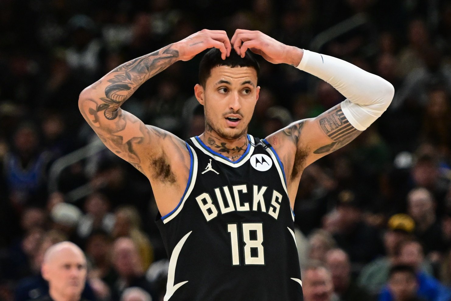 Milwaukee Bucks forward Kyle Kuzma (18) reacts in the third quarter against the Indiana Pacers during game four of first round for the 2024 NBA Playoffs at Fiserv Forum.
