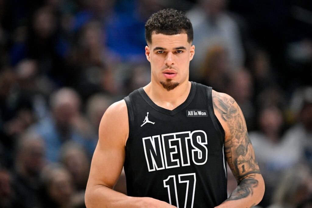 Jan 12, 2026; Dallas, Texas, USA; Brooklyn Nets forward Michael Porter Jr. (17) looks on during the first quarter against the Dallas Mavericks at the American Airlines Center. Mandatory Credit: Jerome Miron-Imagn Images